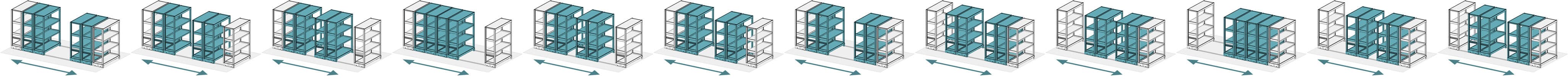 レール式移動棚の複式移動アニメーション