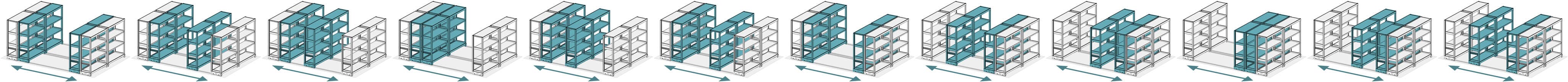 レール式移動棚の2連単式(並列2台同時)移動アニメーション
