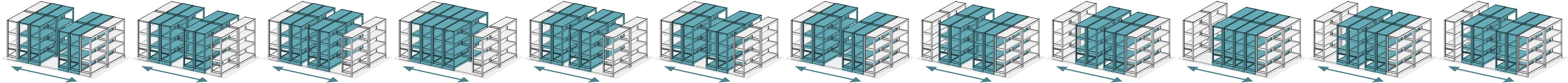 レール式移動棚の2連複式(並列前後4台同時)移動アニメーション