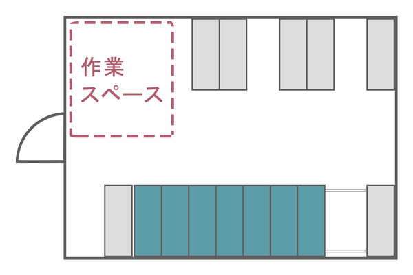 レール式移動棚のレイアウト:収納容量はそのままで作業スペースを設ける